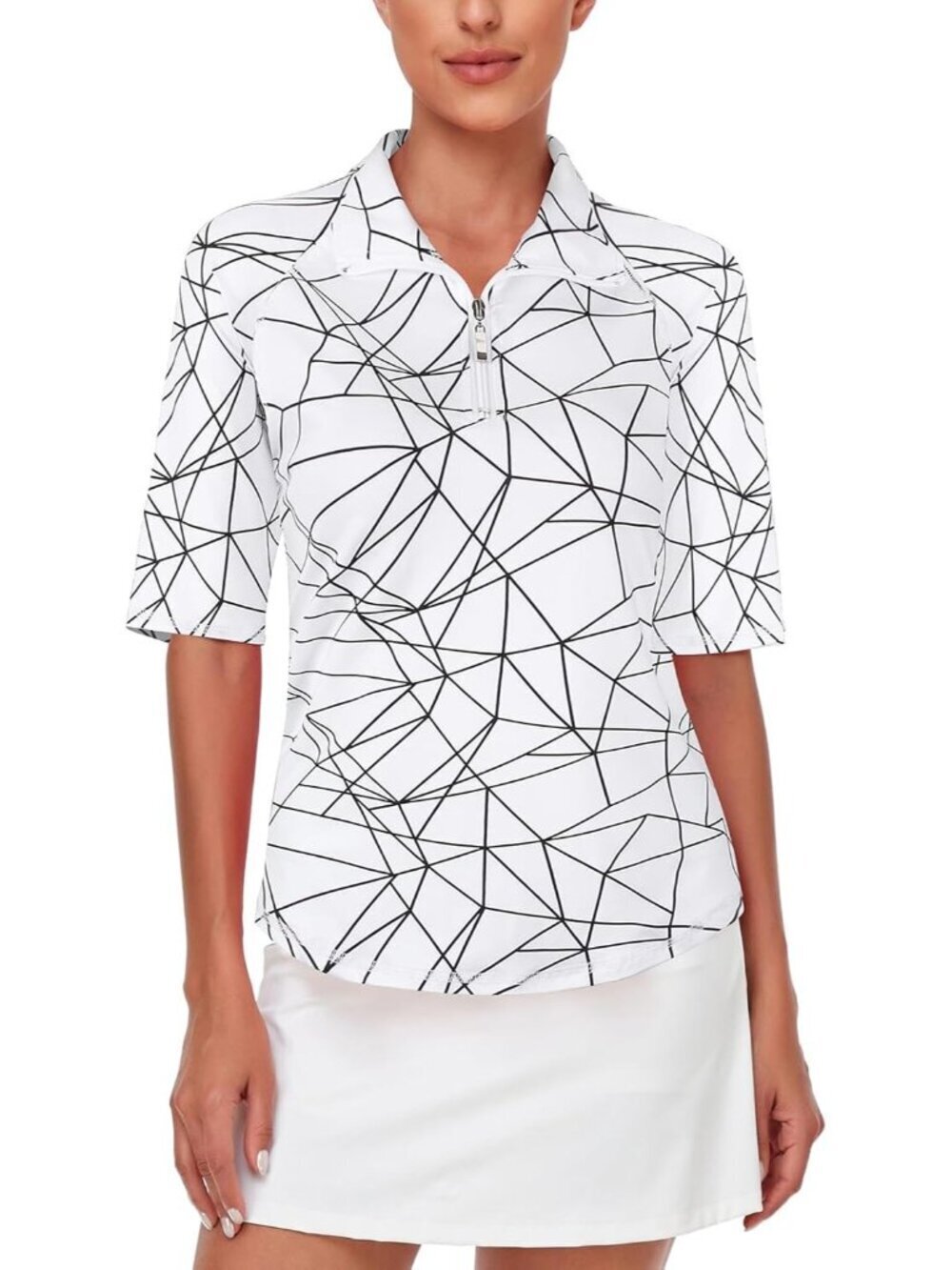 Womens Geometry White Golf Shirt Quick Dry Half Sleeve 1/4 Zip Tennis Top M-3XL